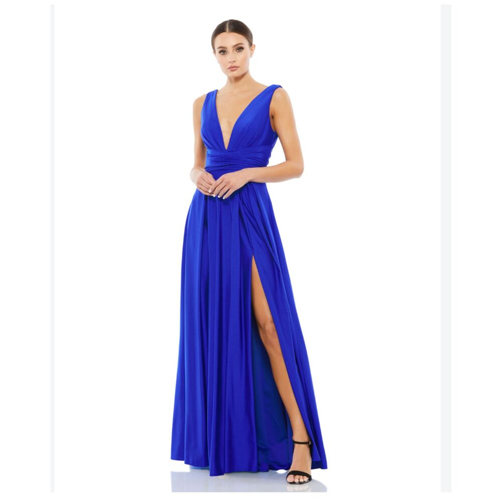 Ieena for Mac Duggal A-line Royal Blue Jersey Plunge Neck Evening Gown Size 14